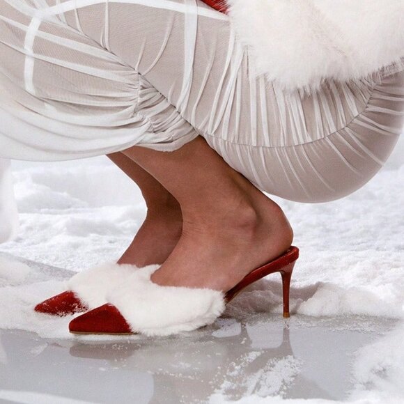 Burgundy Fuzzy Women's Christmas  Heeled Mules - Picture 5 of 7